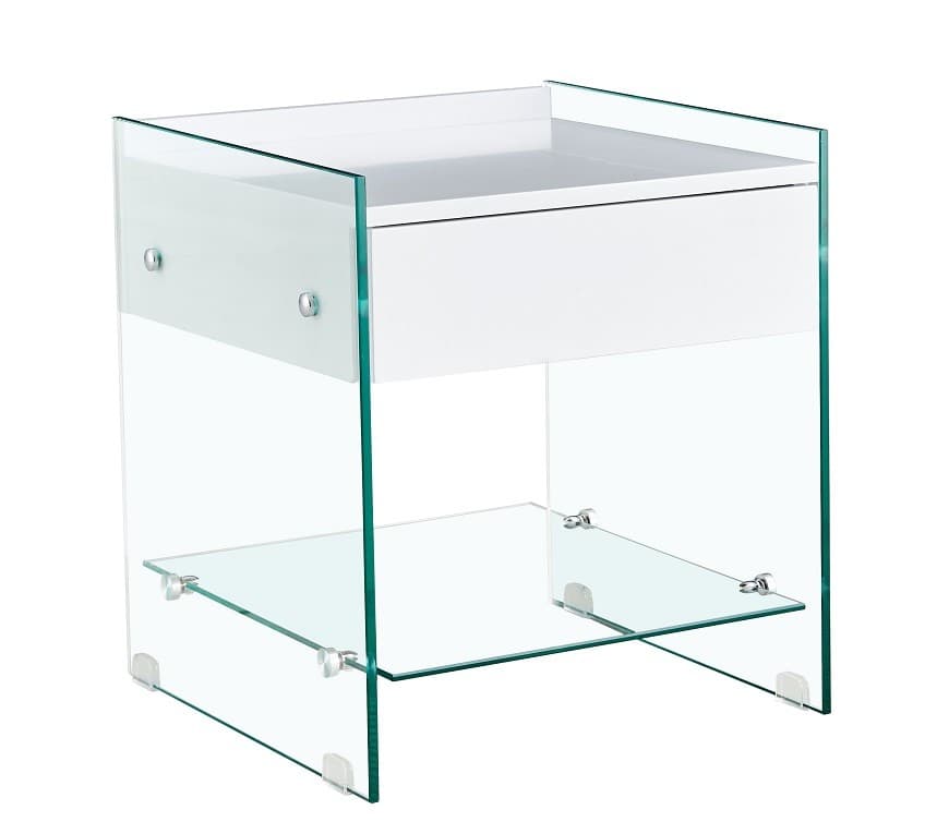 Mesa auxiliar Darling cristal templado y cajón blanco
